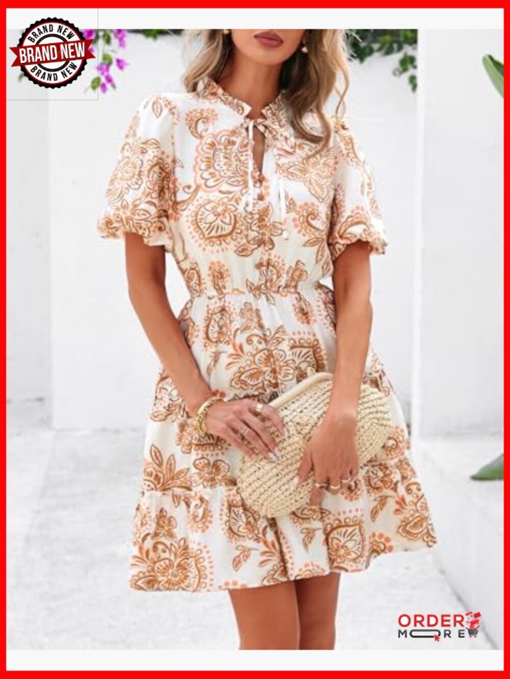 V Neck Floral Boho Mini Dress Short Sleeve Tiered Ruffle A-Line Summer - Picture 4 of 7